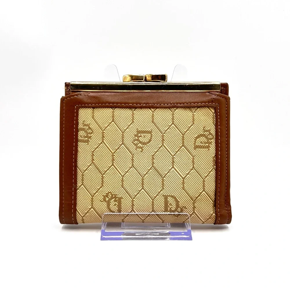 Authentic Christian DIOR Vintage Honeycomb Leather & Canvas Compact Wallet
